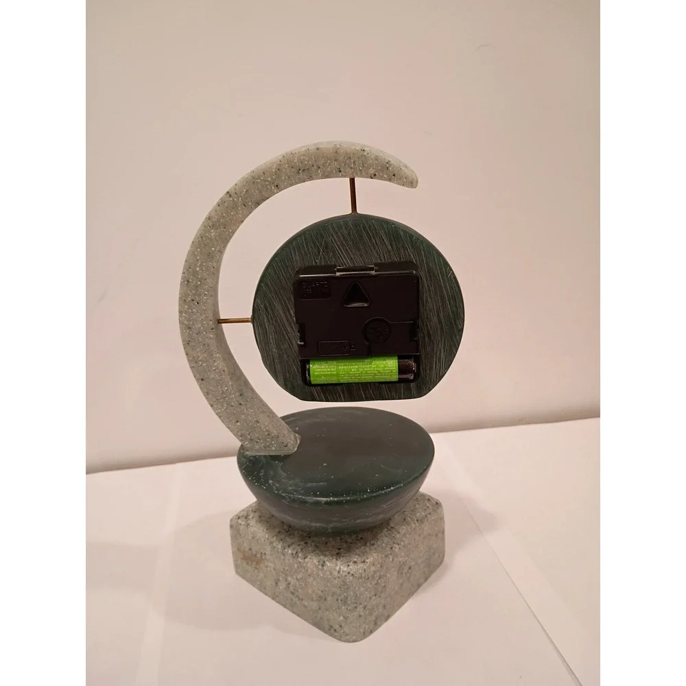 Vintage Clock Mid Century Signed Hand Crafted Green Stone Artisan - Hebrew Works